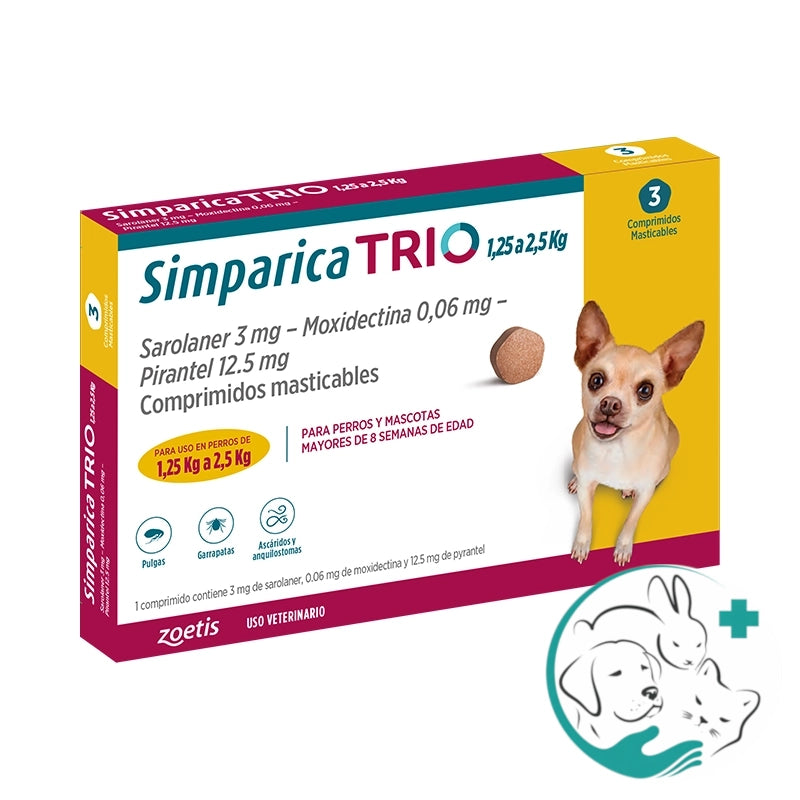 Simparica Trio Antiparasitario para Perros 1,25 a 2,5 Kg 3 Comprimido