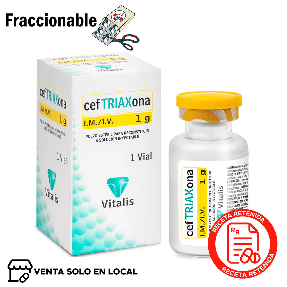 Ceftriaxona Polvo para Inyectable 1g x 1 Ampolla (disponible solo para venta presencial)